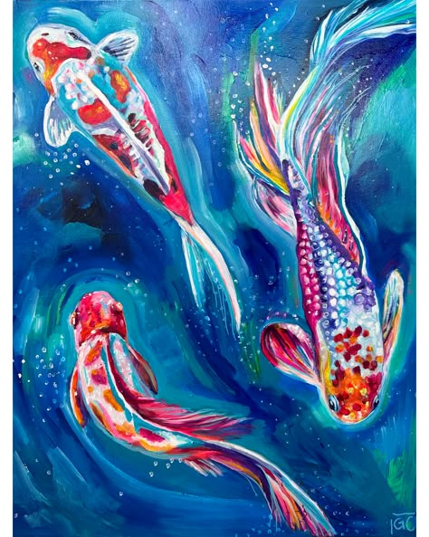 Blue painting of three koi fish that are rainbow colored. swimming in an ethereal water scene Colourful Fish Painting, Fish Underwater Drawing, Rainbow Koi Fish, Water Animals Art, Marine Life Painting, Abstract Fish Art, Abstract Fish Painting, Colorful Koi Fish, Christmas Fish