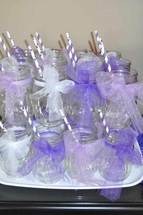 Mason Jars & Paper Straws with Tulle Ties for Purple Party Lavender Party Ideas Decoration, Purple And White Theme Birthday Party, Purple Tea Party Decorations, Lavender 21st Birthday Ideas, Purple B Day Party, Purple Party Decorations Birthday, Purple And White Birthday Party Ideas, Purple Bridal Shower Decorations, Purple Sleepover Party