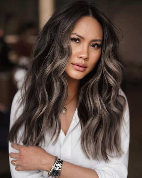 Ashy Brown Highlights for Black Hair Ashy Blonde Balayage On Black Hair, Mushroom Brown Highlights, Ashy Brown Highlights, Brown Highlights For Black Hair, Smokey Balayage, Ashy Brown Hair Balayage, Ashy Highlights, Highlights For Black Hair, Balayage On Black Hair