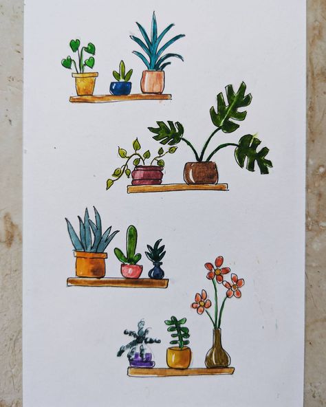 Plants on shelves 🌵 #watercolor #aquarelle #watercolorpainting #cactus #succulents #art #watercolortutorial #artwork #painting How To Draw Plants Easy, Plant Drawings Simple, Succulents Painting, Plants On Shelves, Watercolor Potted Plants, Watercolor Art Easy, Mini Watercolor Paintings, Succulents Art, Mini Drawing