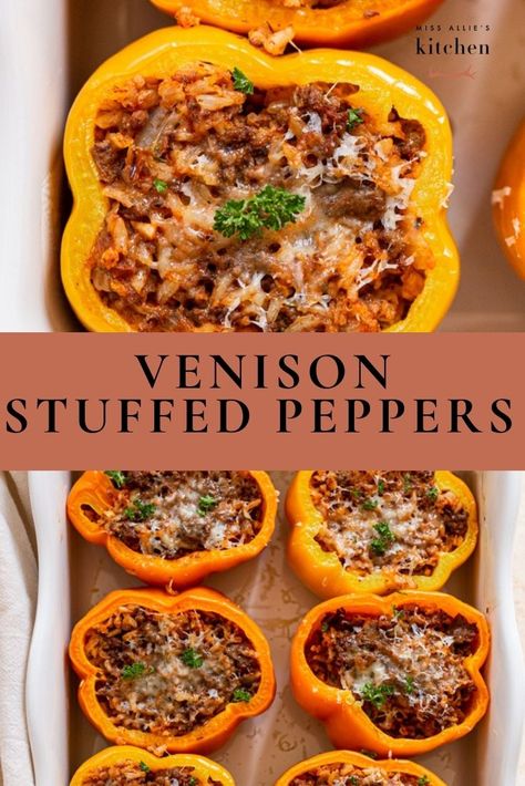 Stuffed peppers are one of my favorite meals. They are perfectly portioned, add such great flavor to a meal, and are much less clean-up. Win-win! This recipe is a great one to do before maternity leave or if you are prepping meals ahead of time to make your week easier. It's chock full of delicious, flavorful venison meat, rice, and lots of veggies. #venison #venisonrecipes #easyweekdaymeals #weekdaydinner #deermeat #wildgame #easydinnerideas #healthydinnerideas Dinner With Deer Meat, Deer Meat Meal Prep, Low Carb Ground Venison Recipes, Deer Ground Meat Recipes Simple, Low Calorie Deer Meat Recipes, Healthy Ground Deer Meat Recipes, Elk Stuffed Peppers, Ground Oryx Recipes, Meals With Canned Venison