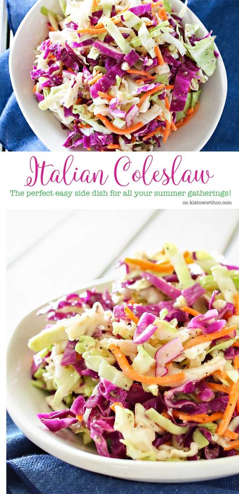 Italian Coleslaw is a twist on the classic backyard bbq side dish. Zesty & flavorful, this coleslaw recipe is sure to be a favorite all summer long. Italian Coleslaw, Classic Backyard, Bbq Side Dish, Bbq Side Dishes, Bbq Side, Bbq Sides, Side Dishes For Bbq, Slaw Recipes, Coleslaw Recipe