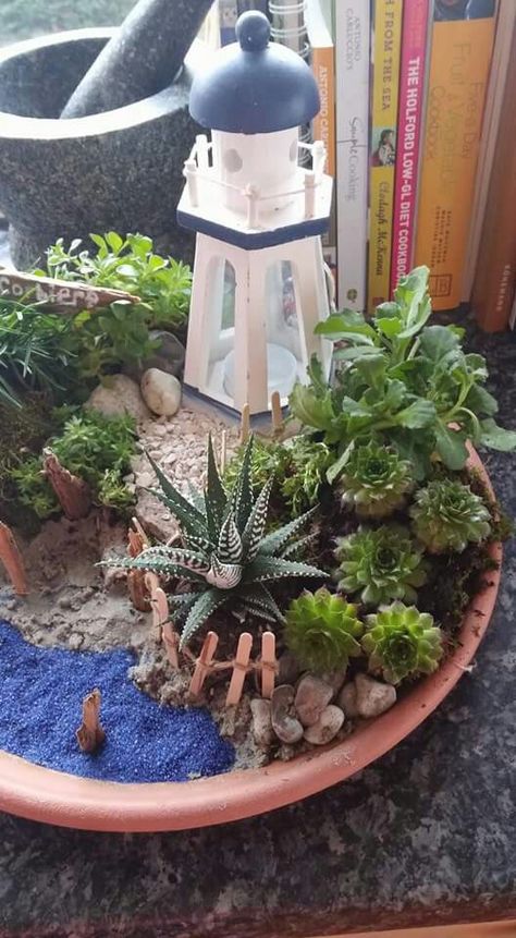 Lighthouse mini garden Beach Fairy Garden Ideas, Beach Theme Terrarium, Garden Lighthouse, Clay Pot Lighthouse With Solar Light Pots & Planters, Beach Theme Miniature Garden, Fairy Garden Beach, Fairy Garden Pots, Beach Fairy Garden, Fairy Garden Plants