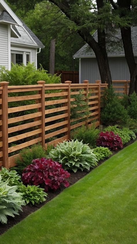 Non Privacy Fence Ideas, Landscaping Evergreens Front Yard, Garden Along House Wall, Fence Line Flower Bed Ideas, Landscaping Narrow Strip, Easy Front Landscape Ideas, Modern Wooden Fence Ideas, Simple Landscape Backyard, Front Yard With Porch Landscaping