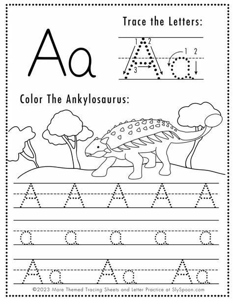 Free Letter A Tracing Worksheet with Dinosaurs Ankylosaurus Art Make learning fun with these amazing dinosaur themed printable letter tracing sheets! Perfect for preschoolers wanting to get a head start on the basics. These sheets offer tracing practice and help with the formation of upper and lowercase letters. Download the sheets for free at SlySpoon.com and follow me for more educational ABC resources and activities. Allosaurus Art, Letter A Tracing Worksheet, A Tracing Worksheets, Tracing Practice, Toddler Worksheets, Tracing Sheets, Letter Tracing, Teaching Toddlers, Stone Massage