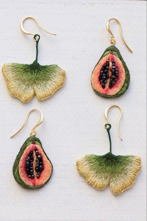 How To Make Embroidered Earrings, Hand Embroidered Earrings, Embroidered Earrings Diy, Papaya Earrings, Embroided Earrings, Embroidery Earring, Fabric Earrings Handmade, Ginkgo Earrings, Embroidery Jewellery