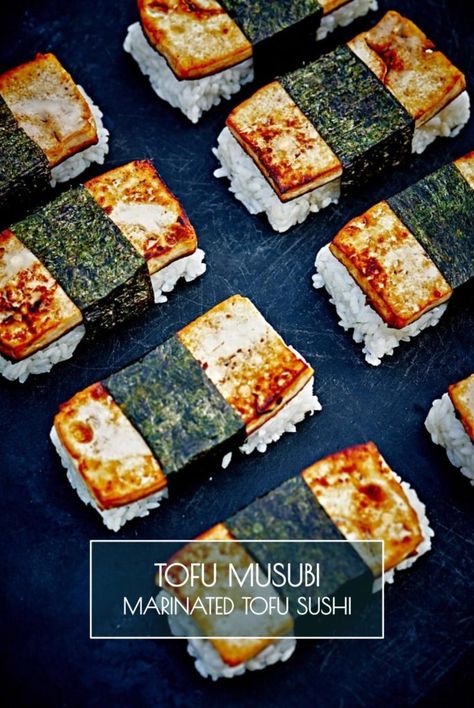 Easy Tofu Musubi - Marinated Tofu Sushi Recipe Tofu Musubi, Musubi Recipe, Tofu Sushi, Easy Tofu, Sushi Recipe, Tofu Recipes Vegan, Spam Musubi, Vegan Tofu, Marinated Tofu