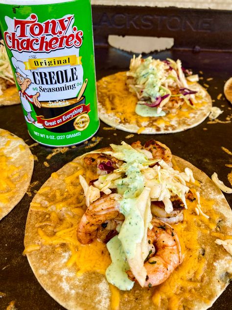 Shrimp Tacos with Jalapeño Crema Jalapeño Crema, Cajun Ninja Recipes, Chili Burritos, Cajun Meals, Cajun Ninja, Tacos For Dinner, Creole Shrimp, Recipes Tacos, Pulses Recipes