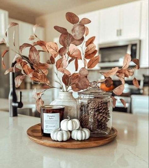 White Fall Centerpieces For Table, Lazy Susan Fall Centerpiece, Autumn Sideboard Decor, Island Fall Centerpiece, Fall Rectangle Tray Decor, Fall Decor For Round Dining Table, Fall Centerpieces For Coffee Table, Old Money Fall Decor, Kitchen Autumn Decor