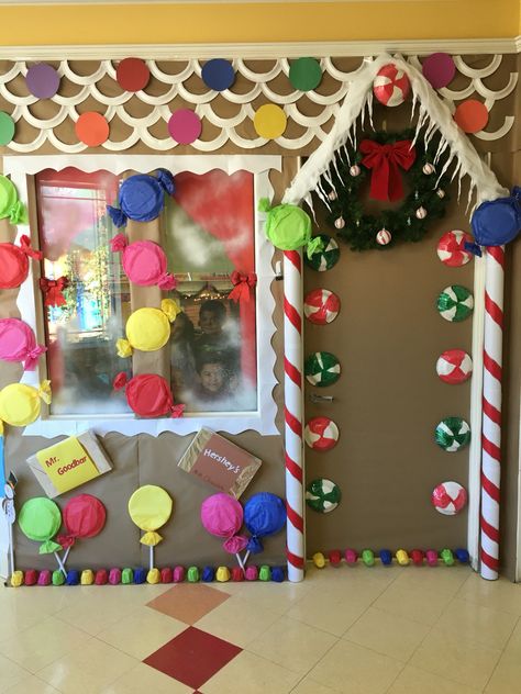 Turned my classroom door into a gingerbread house Gingerbread Christmas Decor For Classroom, Diy Gingerbread House Office Decorations, How To Turn Your House Into A Gingerbread House, Diy Gingerbread Door Decorations, Gingerbread House Office Door, Gingerbread Classroom Door Decorations, Gingerbread Office Door Decorations, Gingerbread House Wall Decorations, Gingerbread House Door Decorations Ideas