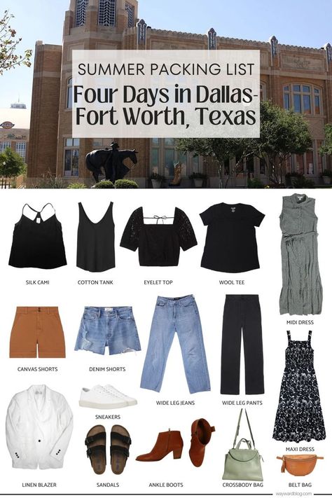 Packing For Houston Texas, Texas Capsule Wardrobe, Packing For Texas Summer, Outfits For Road Trips Summer, Outfits For San Antonio Texas, What To Wear In Texas Summer, 4 Day Trip Packing List Summer, What To Wear In Dallas Texas, Texas Summer Outfits Casual