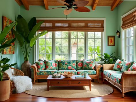 Transform your living space into a vibrant oasis with this tropical-inspired living room! 🌴 Featuring a cozy wicker sofa adorned with bold, tropical-patterned cushions and a stylish teak coffee table, this design bursts with life. Refreshing mint green walls and large potted palms create an inviting atmosphere, while bamboo blinds let in natural light. Add woven baskets and seashell decor for an organic touch. Let the ceiling fan with rattan blades whisk you away to paradise! 🌺 #TropicalHome #LivingRoomDecor Tropical Modernism, Tropical Homes, Luxurious Penthouse, Patterned Cushions, Mint Green Walls, Seashell Decor, Potted Palms, Vibrant Decor, Jungle House