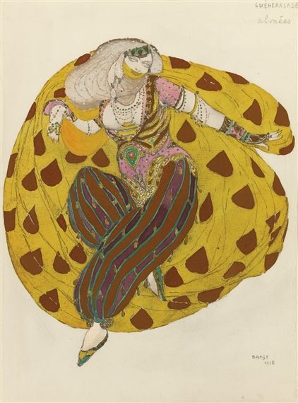 Artwork by Leon Bakst, COSTUME DESIGN FOR SCHEHERAZADE, Made of watercolour heightened with gold over pencil on paper Rimsky Korsakov Scheherazade, Leon Bakst, Ballets Russes, Ballet Russe, Aubrey Beardsley, Russian Ballet, The Ballet, Big Art, Russian Art