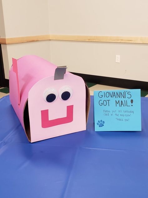 I made this mailbox for my son's Blue's Clues 1st Birthday Party.  It was the perfect place for guests to place the cards! I used cardboard for the base and supports, scrapbooking paper I had lying around (since I'm a scrapbooker), a brad to pin the flag, googly eye balls from the craft store, as well as velcro dots to open and close the lid. This project cost me less than $10 to make! Blue Clues Crafts, Blue Clues Birthday Party Ideas Food, Blues Clues Valentine Box Ideas, Blues Clues Birthday Party Centerpieces, Blue’s Clues Birthday Party Ideas, Blue Clues Party Ideas, Blues Clues Third Birthday Party, Blues Clues Themed Birthday Party, Blues Clues Party Games