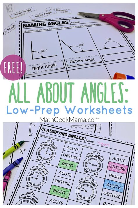 Review angles vocabulary, classifying angles, measuring angles and explore angles in real life with this FREE and low-prep set of 8 angles worksheets! Answer key included! Click through to the website to learn more. Types Of Angles Worksheet, Measuring Angles Activities, Measuring Angles Worksheet, Angle Activities, Measure Angles, Easy Math Games, Math Art Projects, Angles Math, Math Card Games