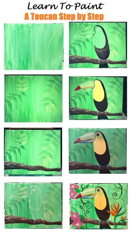 Step by step painting tutorial. How to paint a toucan. Acrylic paint on canvas. From the Step By Step Painting Blog! Rainforest Canvas Painting, Step By Step Bird Painting, Toucan Acrylic Painting, Rainforest Painting Easy, Step By Step Canvas Painting Easy, Acrylic Paint Step By Step, Canvas Tutorial, Painting Step By Step, Creation Art