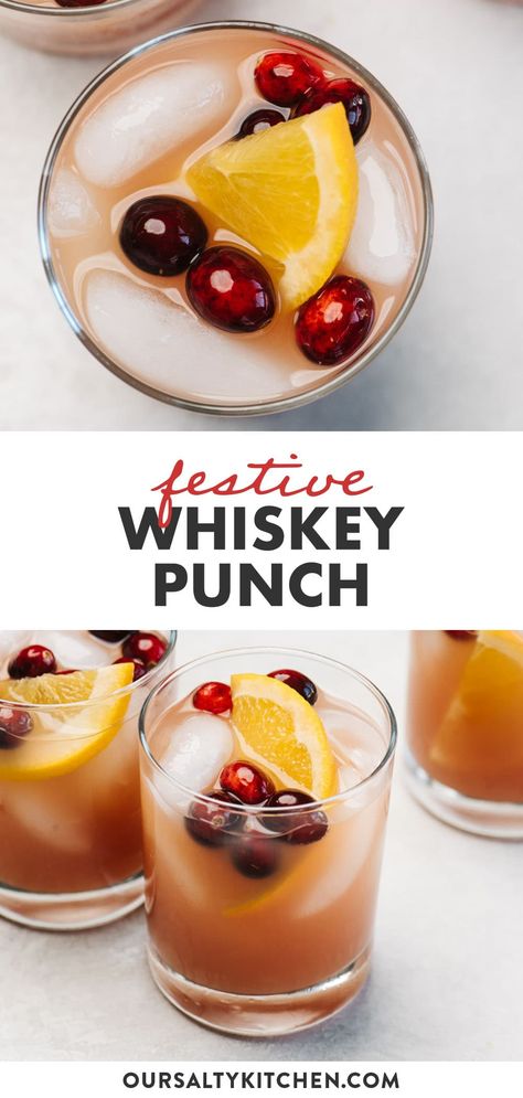 Cranberry Orange Whiskey Punch is a tart and tangy holiday cocktail that's easy to make for one, or one dozen. Whip up a cocktail or two by the crackling fire on Christmas Eve, or follow the pitcher instructions to make a large batch for a crowd. Mild and just sweet enough, this is a great introductory cocktail for the whiskey curious, but one with enough complexity for everyone to enjoy. #cocktail #whiskey #christmas #holiday #whiskeycocktail Thanksgiving Whiskey Punch, Christmas Cocktail Big Batch, Whisky Punch Recipes, Large Batch Bourbon Punch, Cranberry Orange Whiskey Cocktail, Festive Whiskey Cocktail, Thanksgiving Whiskey Cocktail, Thanksgiving Cocktails Whiskey, New Years Whiskey Cocktails