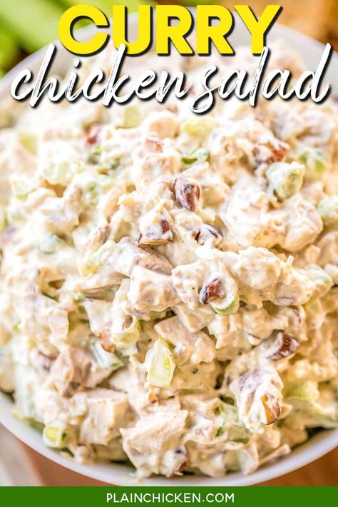 Curry Chicken Salad – classic chicken salad with a great curry flavor. This is THE BEST chicken salad EVER!! Tender chicken, creamy mayo, sour cream, crunchy celery, curry, salt, pepper, lemon juice, green onions, and smoked almonds. Copycat recipe from Olexa's in Mountain Brook AL. I think this version is better than the original. Keeps for up to 5 days in the fridge. Salad Variations, Fruit Salad With Cream, Smoked Chicken Salad, Curry Salad, The Best Chicken Salad, Smoked Almonds, Classic Chicken Salad, Best Chicken Salad, Curry Chicken Salad