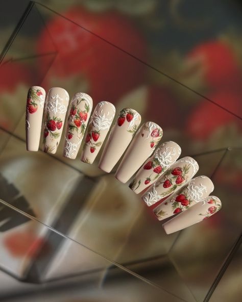 Rococo Strawberries – Creme, Red Bottom Nails with Oil Painting Strawberries and White Filigree As seen on Tiktok!!! A romantic summer berry moment using oil painting gels. Choose your preferred nail shape and length! Designed by Viv (@vivxue). Order Details Made to order by hand. 7-28 day lead time. Lead times can vary due to seasonal traffic and shipping delays.In a rush / need by a targeted date? Please let us know and we can accommodate for a fee. New clients will receive a free sizing kit i Nails Ideas Medium Length, Short Nail Art Designs Summer, Vintage Inspired Nails, Oil Painting Nails, Vivxue Nails, Nail Inspo Square Medium, Strawberries And Cream Nails, Marie Antoinette Nail Art, Painted Nail Designs