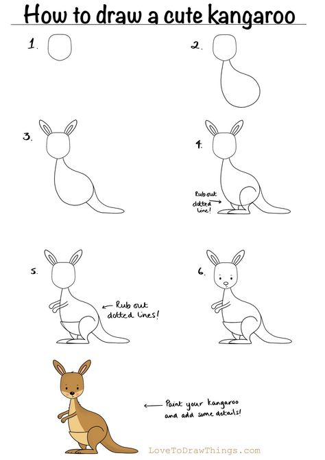 Kangaroo Drawing, Trin For Trin Tegning, Easy Step By Step Drawing, How To Draw Cute, Drawing Lessons For Kids, 그림 낙서, Draw Cute, Animal Doodles, Easy Drawings For Kids