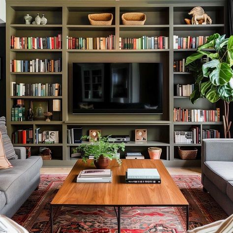 Built In Bookshelf Tv Wall, Bookcase Wall Ideas, Library Wall With Reading Nook, Cozy Den Ideas Small, Living Room Built In Shelves Decor, Home Office Book Shelves, Sofa And Bookshelves, Full Wall Bookshelf With Tv, Wooden Built In Shelves Living Room