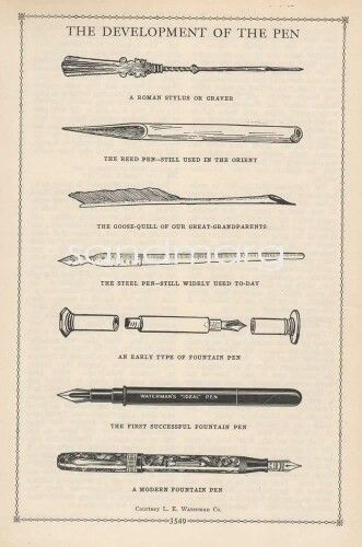 Evolution of the pen Vintage Fountain Pens, Fountain Pen Illustration, Fountain Pen Writing, Fountain Pen Drawing, Waterman Fountain Pen, Waterman Pens, Best Fountain Pen, Modern Fountain, Calligraphy Tools