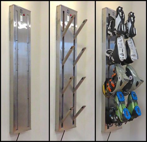 Space saving boot dryers for wall mounting in any mudroom, locker room, or apartment. Perfect for ski boots,, shoes, skates, gloves. Stainless steel construction. Forced warm or ambient air for fast drying. Timer and heat switch included. Ski Mudroom, Wall Pegs, Shoe Dryers, Glove Dryer, Barn Boots, Boot Dryer, Gear Room, Shoe Dryer, Ski Room