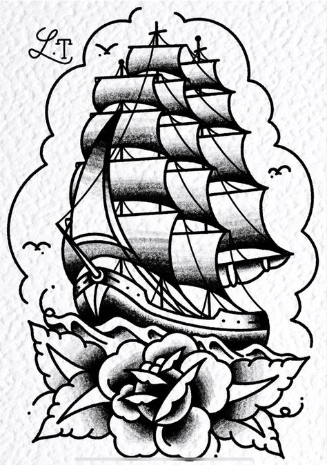 American Traditional clipper ship tattoo design. | Tatuagem tradicional, Tatuagem tradicional americana, Arte da tatuagem tradicional Traditional Nautical Tattoo, Traditional Ship Tattoo, Traditional Tattoo Outline, Traditional Tattoo Drawings, Traditional Black Tattoo, Traditional Tattoo Old School, Traditional Tattoo Inspiration, Traditional Tattoo Sleeve, Nautical Tattoo