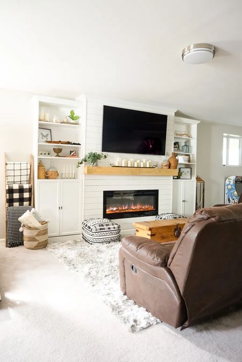 Electric Fireplace Living Room, Electric Fireplace Wall, Basement Fireplace, Recessed Electric Fireplace, Built In Electric Fireplace, Build A Fireplace, Fireplace Tv Wall, Shiplap Fireplace, Diy Basement