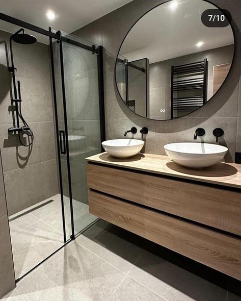 Small Bathroom 2m X 2m, His And Hers Ensuite Bathroom, Gray White Marble Bathroom, Grey And Oak Bathroom, Rectangle Bathroom Ideas, Gray Wood Bathroom, Light Wood Vanity, Cozy Small Bathroom, Modern Ensuite