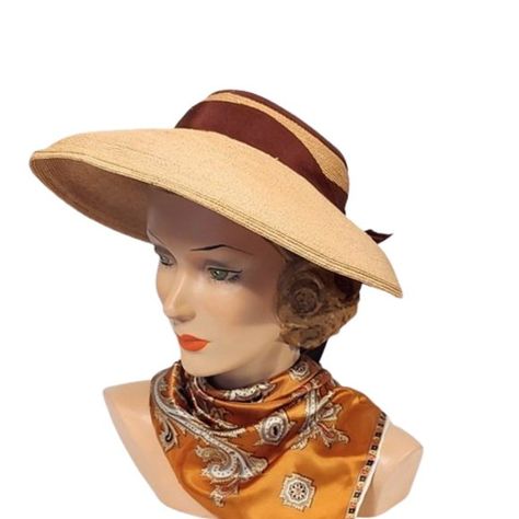 1940s Vintage Tan Straw Open Crown Wide Brimmed Halo Hat With Brown Ribbons Fashion Eras, Wide Brimmed Hat, 1940s Hats, Womens Visor, Brown Ribbon, Brimmed Hat, Hat Boxes, Vintage Hat, Wide Brimmed Hats