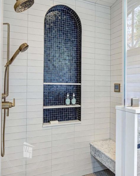 Thanks to @traceystephensinteriordesigns for using our tile in this bathroom remodel. We love the arched niche! Photo by: @wingfwong Posted originally by: @asidnj . . . #bathroomremodel #bathroomtiles #bathroomdesign Tile Around Arched Window, Arched Niche In Wall Bathroom, Arch Shower Niche, Walk In Shower Inspiration, Arched Shower Niche, Arched Shower Opening, Large Shower Niche, Bathroom Remodel Blue, Tiled Arch