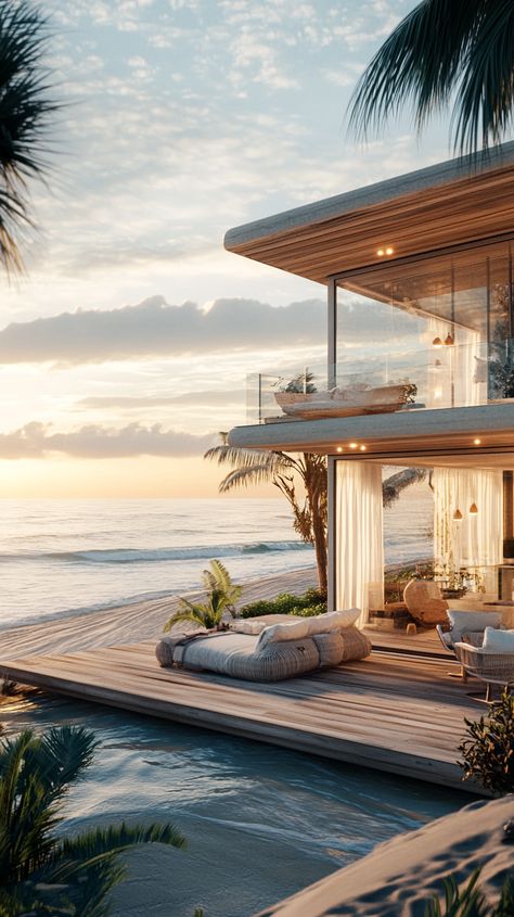 Image description: A trendy beach house with a deck surrounding the ocean. Modern Beach House Exterior Ocean Views, Beach Houses Exterior, Beach House View, Beach Luxury House, Big Beach House, Beach View House, Beachfront Homes, Action Board, Chic Beach House