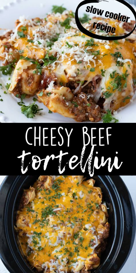 A slow cooker Cheesy Beef Tortellini recipe is an easy pasta dish made in the CrockPot. Toss fresh or frozen cheese filled tortellini in spaghetti sauce made with cooked and crumbled ground beef. Top it with shredded mozzarella cheese and cheddar cheese. It's an easy pasta bake made in the slow cooker. An easy pasta dish recipe. Ground Beef Dinner Crockpot, Crockpot Recipes With Frozen Ground Beef, Crockpot Tortellini Recipes Ground Beef, Hamburger Tortellini Recipes Crockpot, Crockpot Dinner Recipes Ground Beef, Cheesesteak Tortellini Crockpot, Healthy Ground Beef Crockpot, Ground Beef Tortellini Recipes Crock Pot, Ground Beef Cheese Tortellini