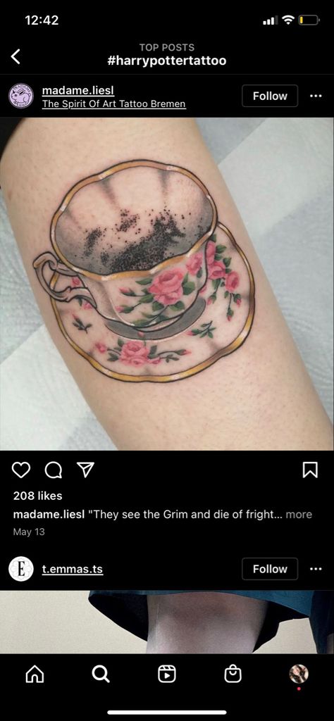 Grim Tea Cup Tattoo, Overflowing Tea Cup Tattoo, Harry Potter Tea Cup Tattoo, Cat In A Cup Tattoo, Tea Party Tattoo Ideas, Whiskey In A Teacup Tattoo, Tea Leaves Tattoo, Teacup Tattoo Vintage, Cup Of Tea Tattoo