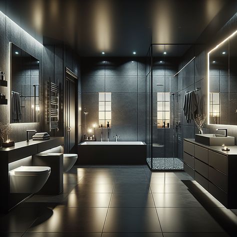 Experience ultimate luxury in this modern bachelor's master bathroom. Accentuated with sleek chrome fixtures, a glass-enclosed rain shower, and a rectangular soaking tub, the space exudes sophistication. Deep blacks and charcoal greys on a minimalist backdrop create a masculine ambiance. #LuxuryBathroom #BachelorBathroom #ModernDesign #HomeInterior #MasculineDecor #BathroomDesign Modern Mansion Interior Bathroom, Luxury Dark Bathroom, Mr Crawling, Modern Bathroom Design Black, Modern Luxury Bathroom Design Master Bath, Bachelor Bathroom, Bathroom Luxury Design, Modern Mansion Interior, Minimalist Backdrop