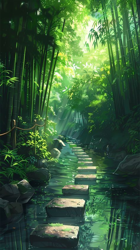 Green Scenery Aesthetic Anime, Fantasy Green Landscape, Green Bamboo Wallpaper, Bamboo Aesthetic Wallpaper, Green Scenery Wallpaper, Anime Nature Aesthetic, Japanese Garden Wallpaper, Bamboo Aesthetic, Swords Fantasy