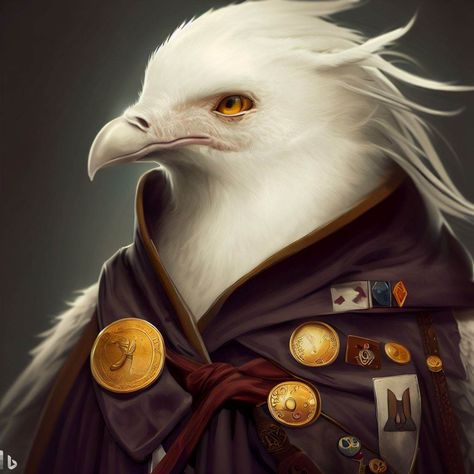 DND Kenku Gloomstaker Ranger- AI generated albino kenku, golden eyes, soldier with cloak covered in magical patches; uses longbow Dnd Aracokra, Dnd Kenku Character Art, Kenku Ranger Dnd, Kenku Character Art, D&d Aarakocra, Dnd Kenku, Dnd Species, Animal Folk Dnd, Npc Dnd