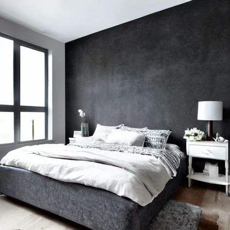 Dark Grey Limewash Bedroom, Black Matte Walls Master Bedrooms, Black Lime Wash Bedroom, Like Wash Walls Bedroom, Black Wash Wall, Limewash Dark Wall, Dark Gray Limewash Wall, Dark Lime Wash Bedroom, Charcoal Limewash Wall