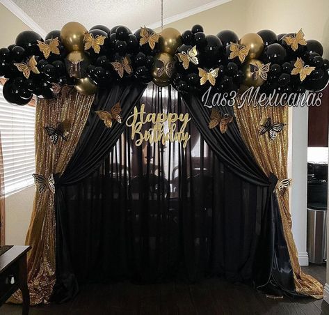 21st Birthday Ideas Themes Black Gold, Black Gold Birthday Decor, Black Butterfly Party Decorations, 21st Birthday Black And Gold Theme, Black And Gold Themed Graduation Party, Black And Good Birthday Theme, 18th Birthday Black And Gold Theme, Black Butterfly Decor, Black And Golden Theme Birthday Party