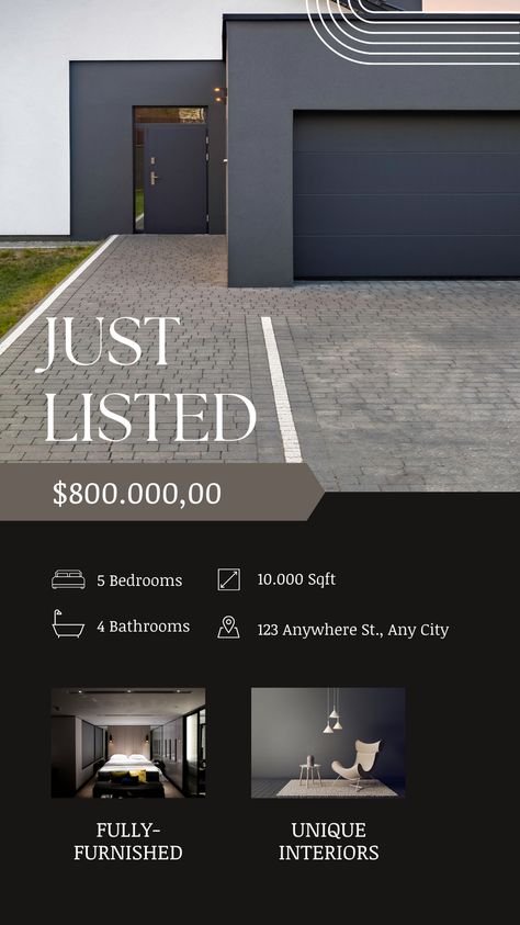 Dark Elegant Minimalist Just Listed Real Estate Instagram Story Canva Template #goodwarestd #canva #luoffa #template Real Estate Instagram Post Design, Real Estate Stories Ideas, New Listing Real Estate Post, Airbnb Instagram Feed, Real Estate Story Ideas, Real Estate Instagram Posts Ideas, Luxury Real Estate Branding, Real Estate Stories, Real Estate Instagram Stories