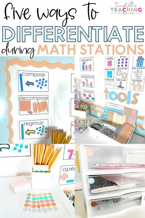 This post shares five ways to differentiate during math stations including Response to Invention and Tier 1, Tier 2, and Teir 3 learners. Stack Math Stations, 2nd Grade Stations, Math Stations 5th Grade, Math Stations 2nd, 1st Grade Math Stations, Math Stations 3rd Grade, Math Stations First Grade, 2nd Grade Math Classroom, Guided Math Stations