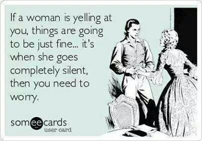 If a woman is yelling at you, things are going to be fine.. it's when she is silent, then you need to worry. Funny Relationship Ecards, Silent Quotes, Breakup Memes, Love Ecards, Comic Relief, Flirting Humor, Flirting Quotes, Funny Relationship, Ecards Funny