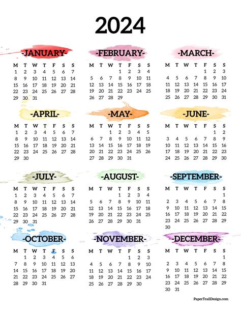 Print this rainbow watercolor one page year at a glance calendar for 2024 in Monday start format Calendario 2023 Aesthetic, Basic Planner, Paper Trail Design, Calendar Design Template, Kalender Design, At A Glance Calendar, 달력 디자인, Trail Design, Year At A Glance