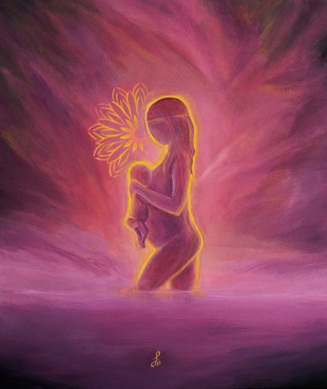 Mother with her newborn baby.  A new mom with a pregnancy belly, divinely connected to her kin.  A beautiful gift for a baby shower or simply to congratulate a hard-working mama.  Breastfeeding in her goddess form, giving infinite love to her little babe.  Spiritual Motherhood Original Art, aligned with Spiritual Awakening and the Inner Goddess.  The original is a medium size acrylic painting on canvas that glows in the dark.  Chakra balancing, higher self, divinity, simple spiritual art New Mom Painting Ideas, Pregnant Spiritual Art, Divine Mother Art, Motherhood Art Abstract, Baby Girl Manifestation, Motherhood Painting Abstract, Spiritual Nursery, Postpartum Art, Breastfeeding Painting