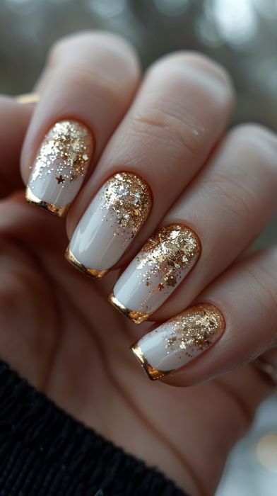 Gold Design Nails Nailart, Nails For Guest At Wedding, Fall Nails With Gold Glitter, Pretty Nails For Wedding Guest, Nail Ideas For Wedding Brides, Gold Tip Nail Designs, Grey And Gold Nail Designs, Gold French Nails Design, Nail Designs With Gold Glitter