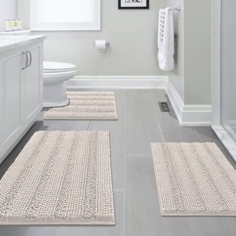 PRICES MAY VARY. ULTRA THICK: These bath rugs are passed GLOBAL RECYCLED STANDARD certificate. Compare the normal quality 1350g/sm, this plush chenille carpet set is more thick and bushy, quality up to 2000g/sm weight, thus make the bath mats amazing soft and cozy like a comfortable quilt protector for your feet EXTRA ABSORBENT: These upgraded luxurious shag rugs can soak up the water and keep your floor dry like a giant sponge, making your feet feel the ultimate luxury enjoyment, spruce up your Bath Mat Ideas Bathroom, Oasis Decor, Grey Bathroom Rugs, Shower And Toilet, 3 Piece Bathroom, Rich Decor, Vibrant Decor, New Bathroom Ideas, Toilet Rug