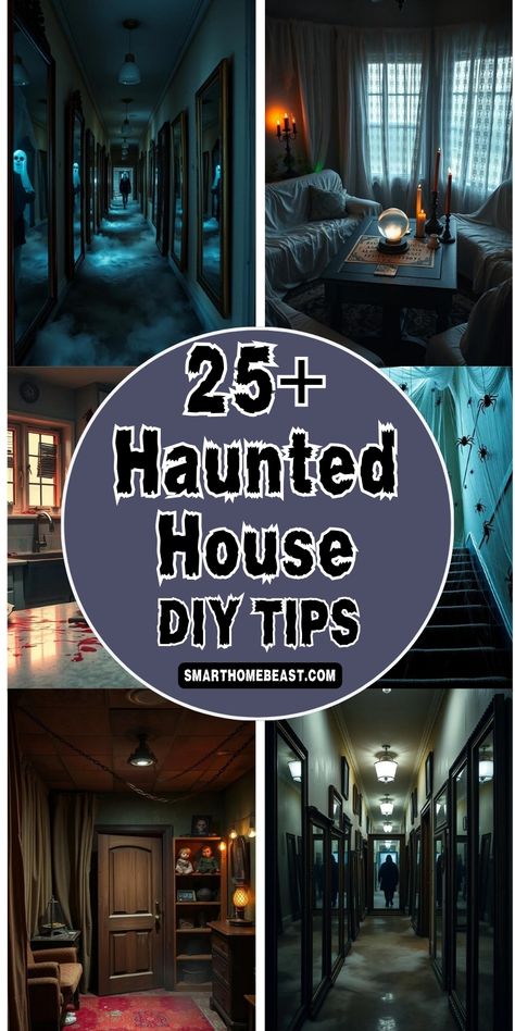 Create a spooky atmosphere with these 25 haunted house DIY tips! From eerie decor to chilling lighting ideas, transform your space into the ultimate fright fest. Perfect for Halloween enthusiasts. Haunted Castle Decorations Diy, Halloween Scary House Ideas, Haunted House Special Effects, Haunted House Theme Decor, Vampire Haunted House Ideas, Haunted Hotel Ideas, Haunted House Decorations Indoor, Haunted House Diy Ideas, How To Make A Haunted House