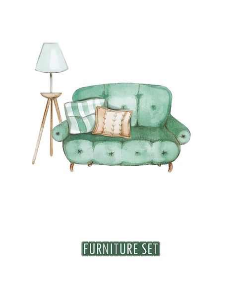 Watercolor sofa with lamp, set of vintag... | Premium Vector #Freepik #vector #vintage-mirror #mirror-frame #mirror #vintage-furniture Watercolor Mirror, Watercolor Furniture, Sofa Drawing, Cozy Furniture, Mirror Vintage, Frame Mirror, Lamp Set, Journal Inspo, Mirror Frame