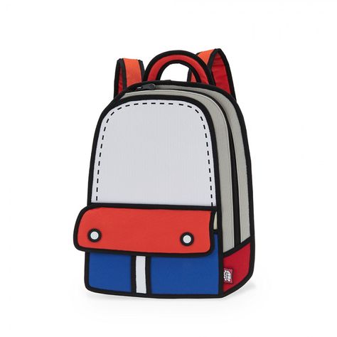 Handbags look like cartoon drawings - Boing Boing 2d Backpack, 2d Bags, Jump From Paper, Adventure Cartoon, Cartoon Backpack, Adventure Backpack, Cartoon Bag, Red Backpack, Kids Adventure